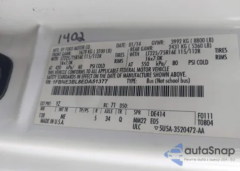 2014 Ford E-350 Super Duty Xlt z USA, uszkodzony, nr VIN 1FBNE3BL8EDA5137